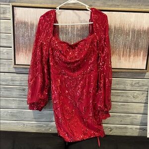 Glamorous Red Sequin Dress with Puff Sleeves